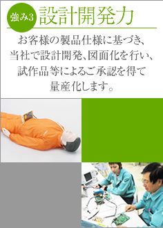 強み3 設計開発力 お客様の製品仕様に基づき、当社で設計開発、図面化を行い、試作品等によるご承認を得て量産化します。